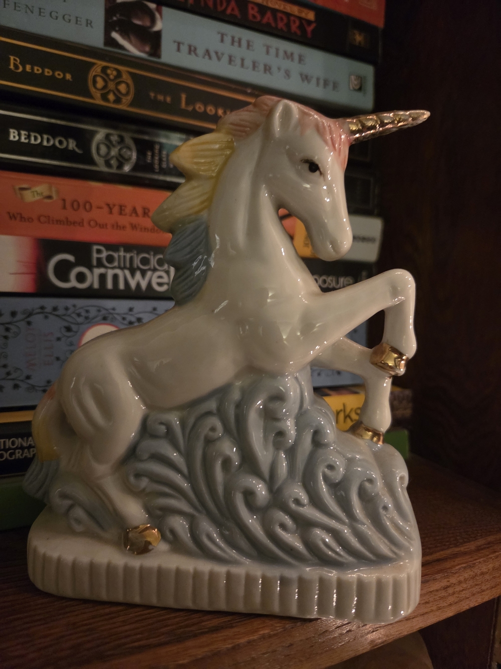 Vintage Ceramic Unicorn Figurine with Pastel Mane and Gold Accents And Waves